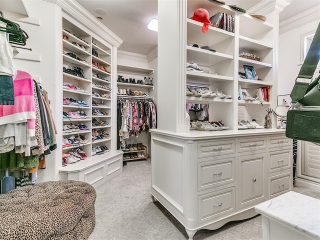 walk in closet with light colored carpet