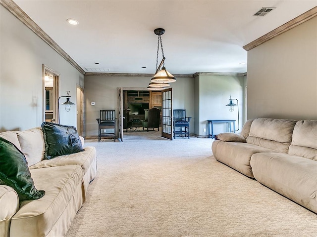 living area featuring light carpet, crown molding, and visible vents