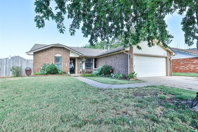 ranch-style home featuring an attached garage, brick siding, fence, driveway, and a front yard