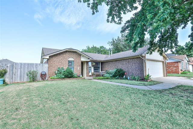 single story home with an attached garage, brick siding, fence, driveway, and a front lawn