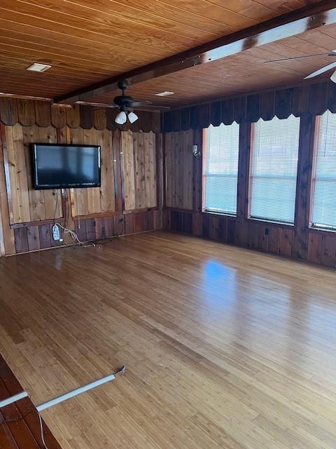 unfurnished living room featuring beam ceiling, wood ceiling, ceiling fan, wood walls, and wood finished floors