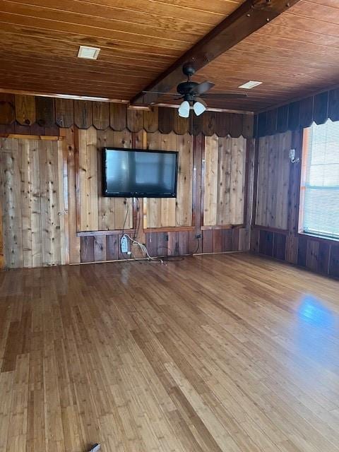 unfurnished living room featuring a ceiling fan, wood ceiling, wooden walls, and wood finished floors