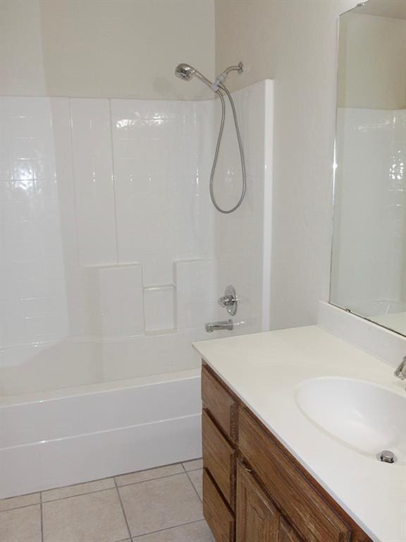 bathroom featuring shower / washtub combination, tile patterned flooring, and vanity