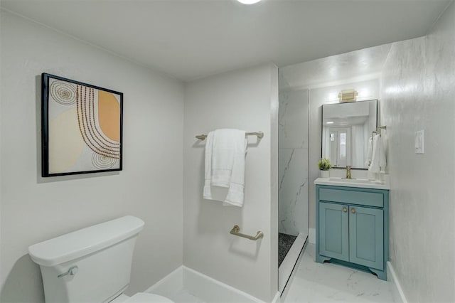 bathroom featuring a marble finish shower, baseboards, toilet, marble finish floor, and vanity