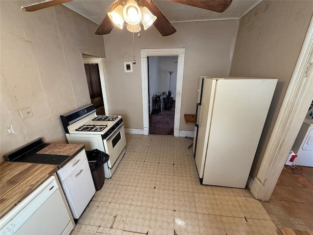 kitchen with crown molding, light floors, white cabinets, ceiling fan, and white appliances