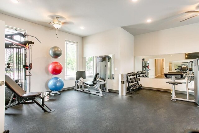 exercise room with baseboards, a ceiling fan, and recessed lighting