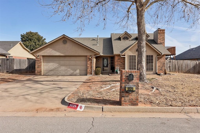 single story home featuring driveway, a garage, a chimney, fence, and brick siding