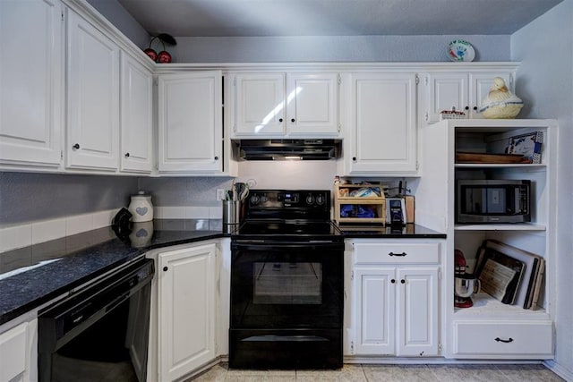 kitchen with dark countertops, black appliances, white cabinetry, and ventilation hood