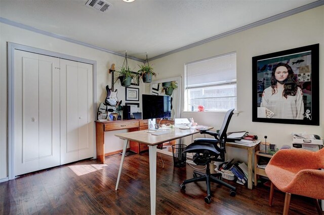 home office featuring ornamental molding, wood finished floors, and visible vents