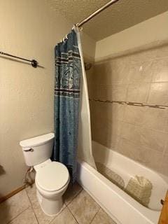 bathroom featuring shower / bath combination with curtain, toilet, and tile patterned floors