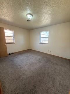 empty room with plenty of natural light, dark carpet, and a textured ceiling