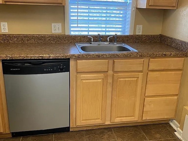 1817 NW 32nd St, Oklahoma City, OK 73118 - kitchen featuring dishwasher, dark countertops, a sink, and light brown cabinets