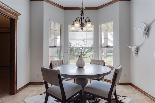 16513 Fenwick Blvd, Edmond, OK 73012 - dining space featuring crown molding, a chandelier, baseboards, and light tile patterned floors