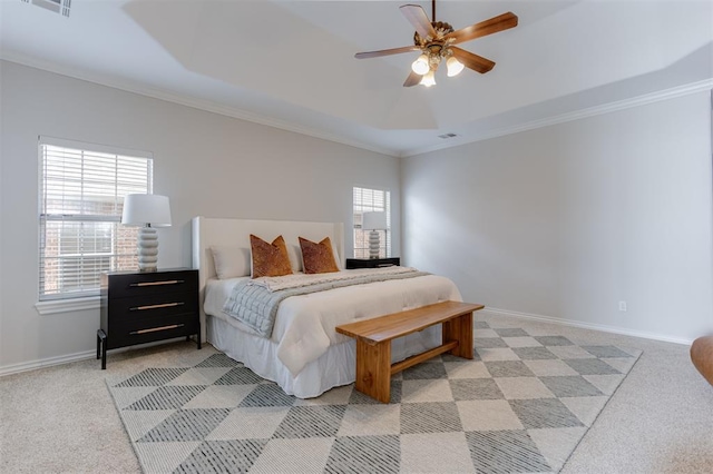 16513 Fenwick Blvd, Edmond, OK 73012 - bedroom with light colored carpet, ornamental molding, baseboards, and a ceiling fan