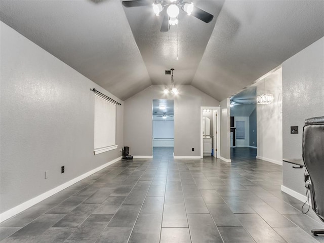 bonus room featuring ceiling fan, lofted ceiling, visible vents, and baseboards