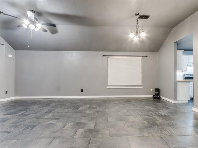 unfurnished room with baseboards, visible vents, vaulted ceiling, and ceiling fan with notable chandelier