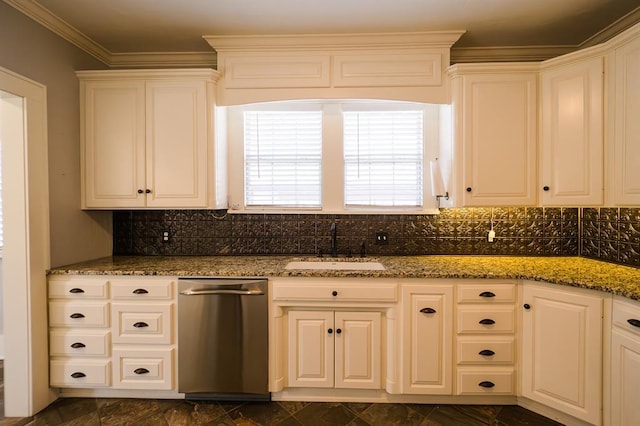 kitchen with crown molding, backsplash, a sink, dark stone counters, and dishwasher