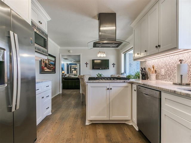 kitchen with island exhaust hood, appliances with stainless steel finishes, a peninsula, and crown molding