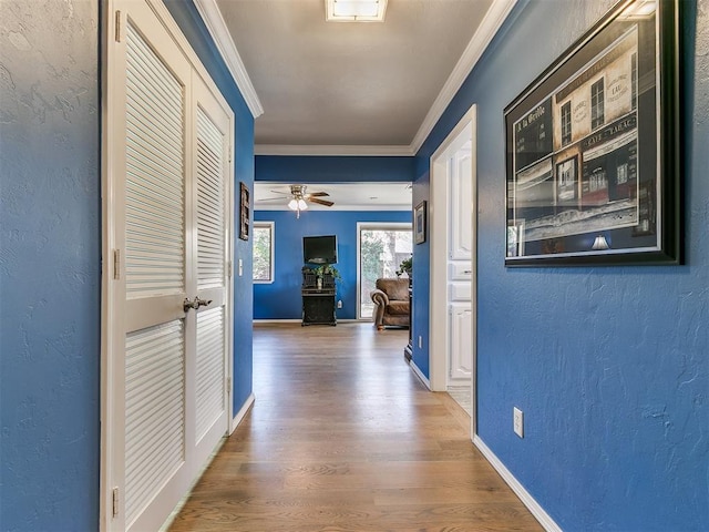 hall featuring wood finished floors, baseboards, a textured wall, and ornamental molding