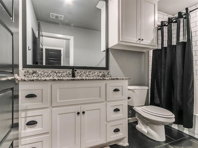 bathroom with toilet, tile patterned floors, vanity, visible vents, and a shower with curtain