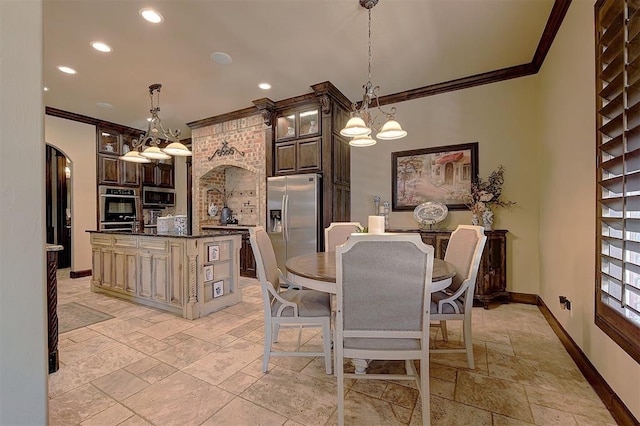 dining area featuring baseboards, stone tile flooring, ornamental molding, recessed lighting, and arched walkways