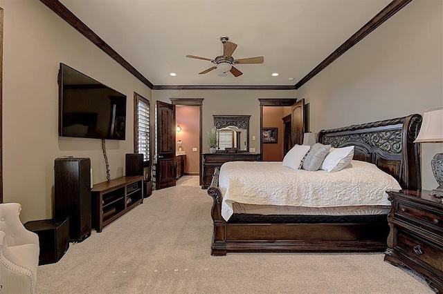 bedroom with a ceiling fan, crown molding, carpet flooring, and recessed lighting