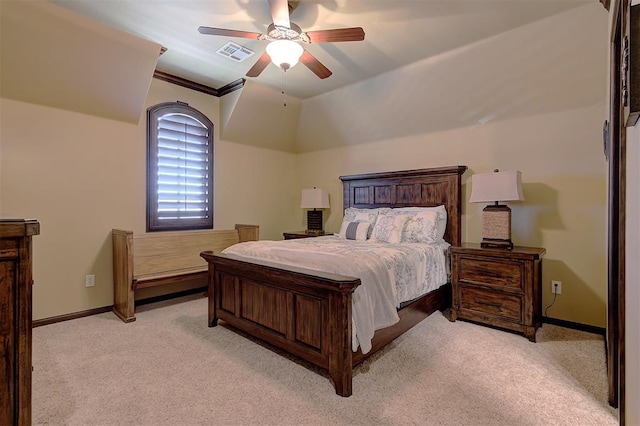 bedroom with light colored carpet, visible vents, and baseboards