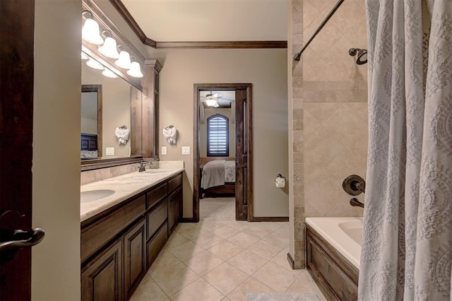 full bathroom with double vanity, shower / bath combo with shower curtain, ensuite bathroom, crown molding, and tile patterned floors