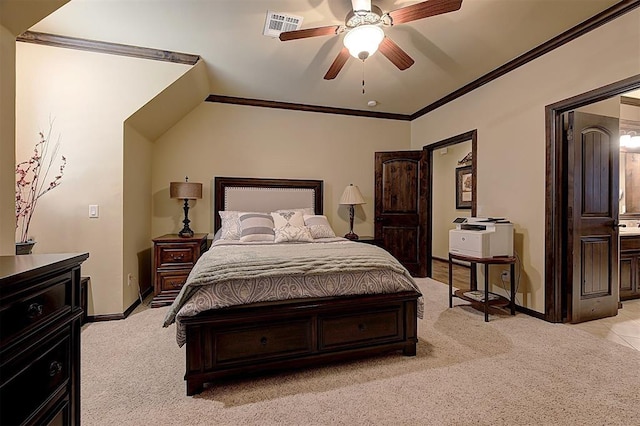 bedroom with light carpet, visible vents, crown molding, and baseboards