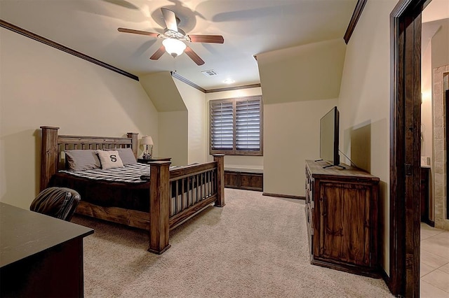 bedroom featuring visible vents, light carpet, a ceiling fan, crown molding, and baseboards