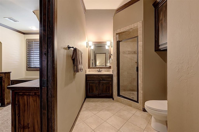 full bath featuring tile patterned floors, visible vents, a stall shower, and vanity