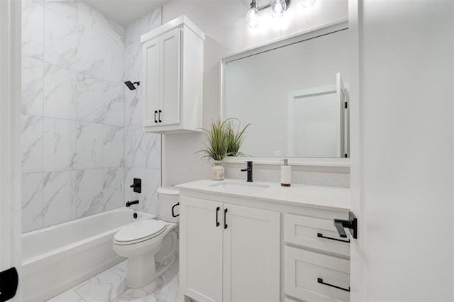 full bathroom featuring toilet, marble look tile flooring, vanity, and shower / bathtub combination