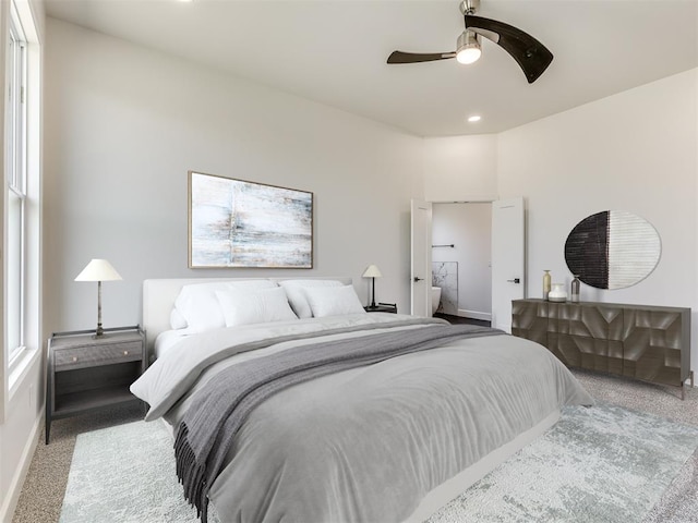7112 NW 154th St, Edmond, OK 73013 - bedroom with carpet, baseboards, a ceiling fan, and recessed lighting