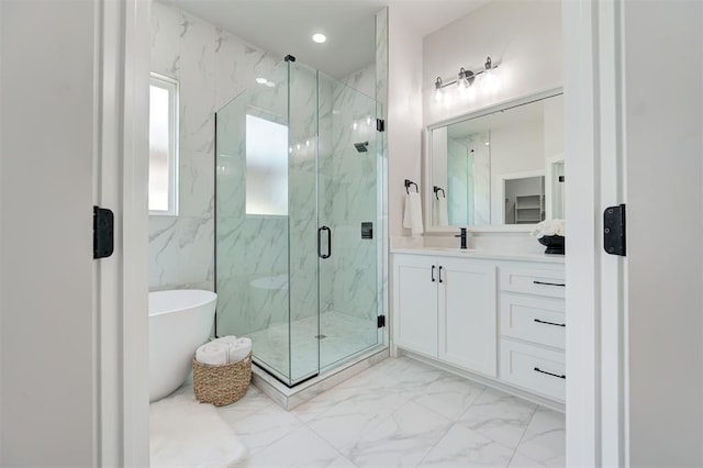 7112 NW 154th St, Edmond, OK 73013 - full bathroom with marble look tile flooring, a marble finish shower, a soaking tub, and vanity