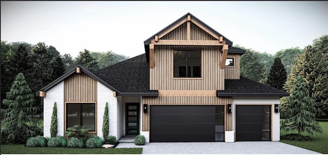 modern farmhouse style home featuring an attached garage, driveway, board and batten siding, and roof with shingles