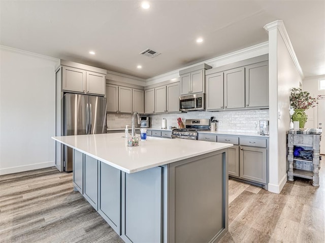 kitchen with stainless steel appliances, light countertops, visible vents, and gray cabinetry