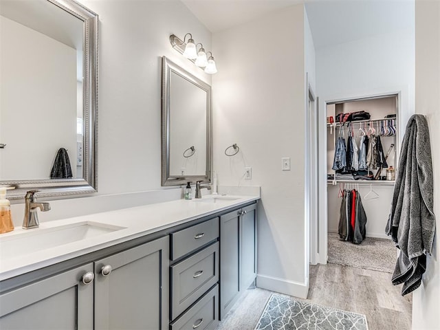 bathroom with double vanity, a walk in closet, a sink, and wood finished floors