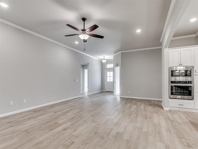 unfurnished living room featuring baseboards, light wood-style flooring, ceiling fan, crown molding, and recessed lighting