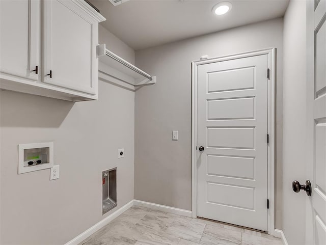 laundry area featuring baseboards, marble finish floor, cabinet space, and hookup for an electric dryer