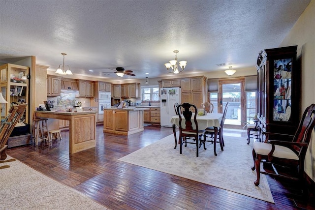 dining room featuring ceiling fan with notable chandelier, a textured ceiling, and dark wood finished floors