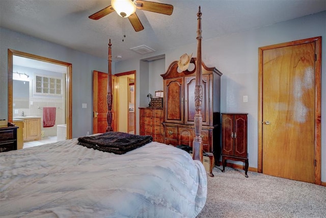 bedroom with light carpet, baseboards, visible vents, a ceiling fan, and connected bathroom