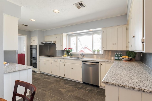 kitchen featuring visible vents, backsplash, a sink, under cabinet range hood, and black appliances