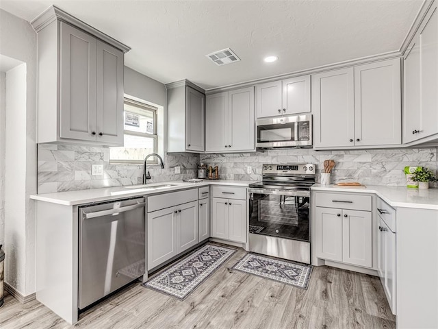 kitchen with visible vents, appliances with stainless steel finishes, backsplash, gray cabinets, and a sink