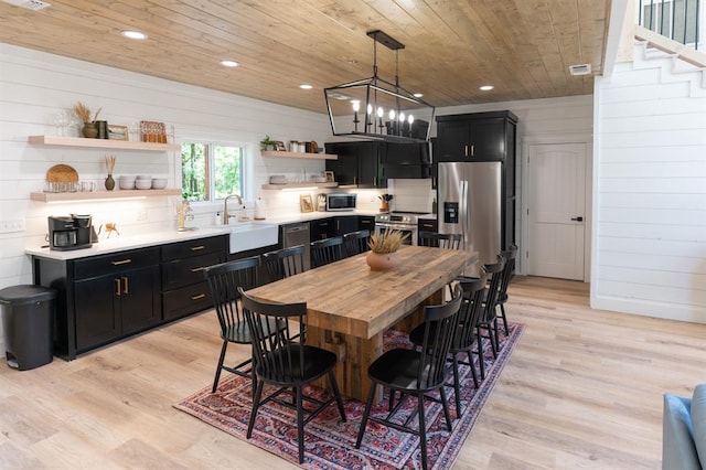 dining room with visible vents, wooden ceiling, light wood-style flooring, and recessed lighting