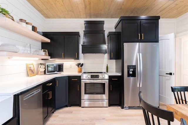 kitchen featuring appliances with stainless steel finishes, wooden ceiling, dark cabinets, and open shelves