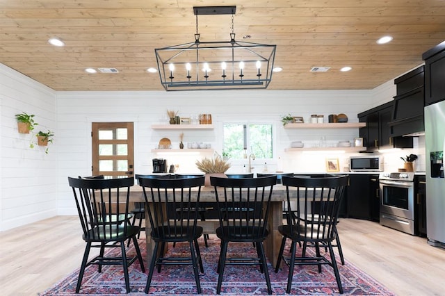 dining space featuring a chandelier, wooden ceiling, light wood-style flooring, recessed lighting, and visible vents