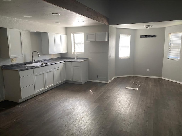 kitchen with baseboards, dark wood-type flooring, and a sink