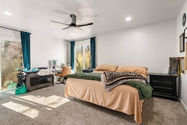 bedroom featuring recessed lighting, ceiling fan, and carpet