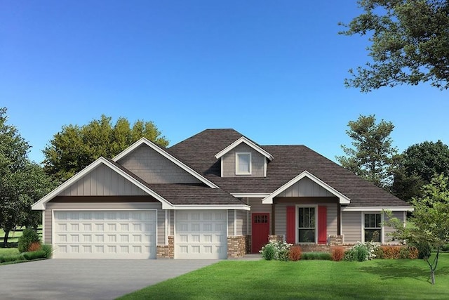 craftsman-style house featuring an attached garage, a front lawn, concrete driveway, and roof with shingles