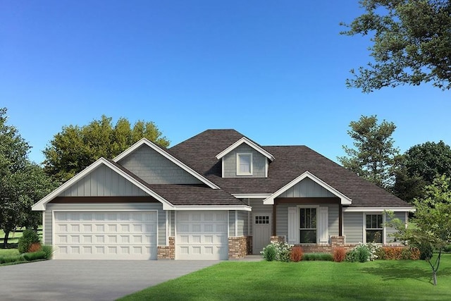 craftsman house with driveway, roof with shingles, an attached garage, and a front yard